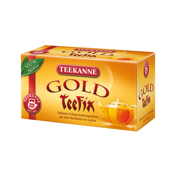 Teekanne Teefix Gold, Schwarzteekomposition, Teebeutel im Kuvert